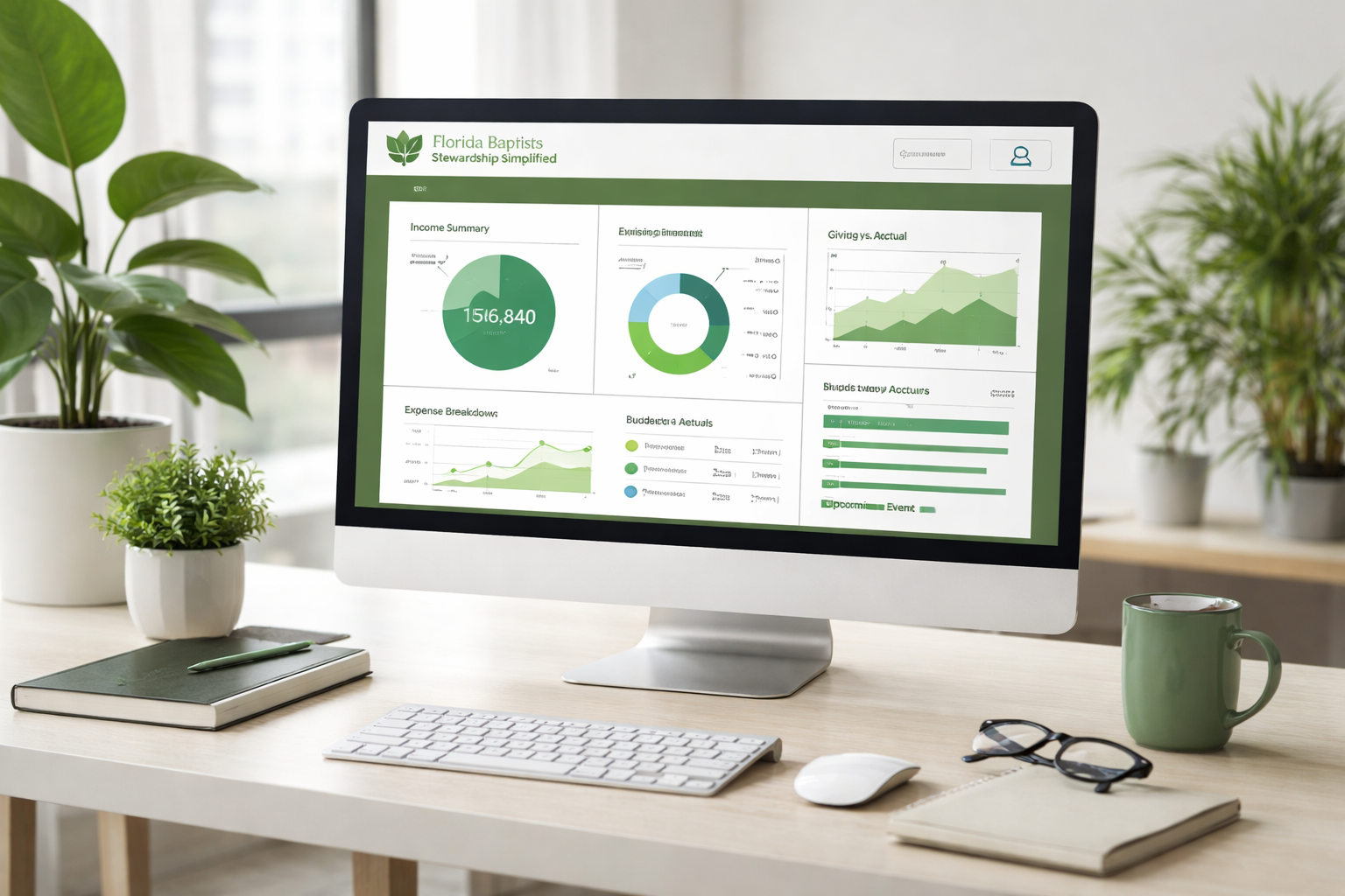 Computer Dashboard Office Table Florida Baptist Stewardship Green Tones