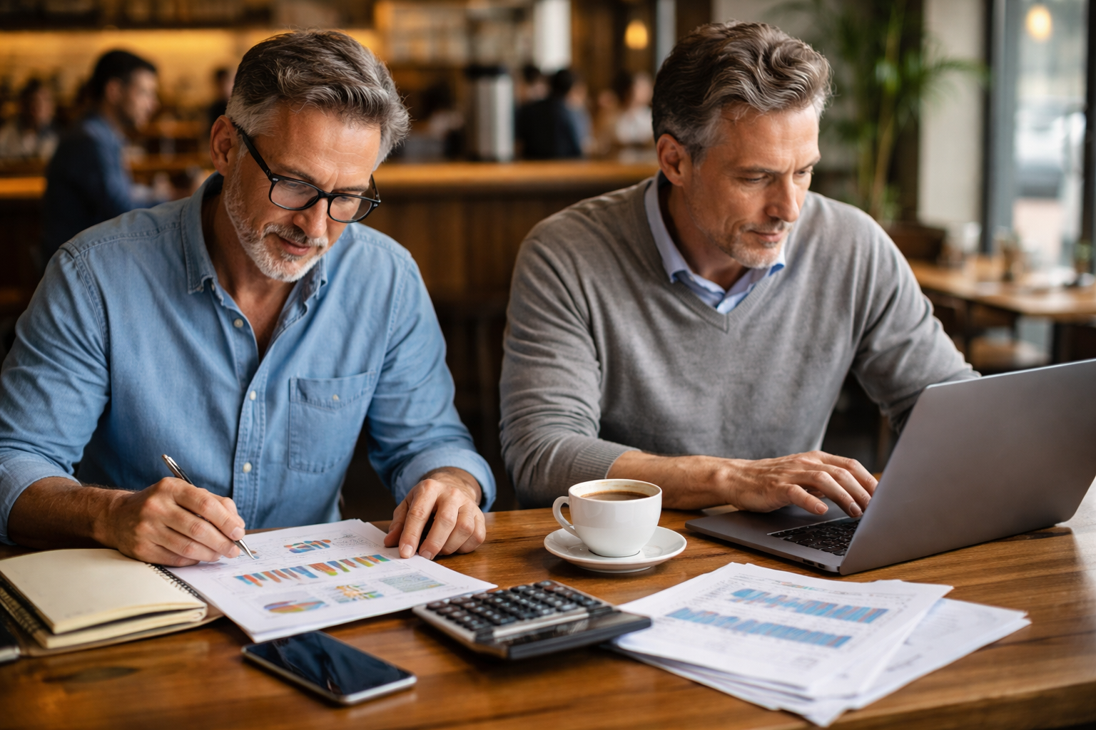 Men Working Financial Tasks At Coffee Shop-1