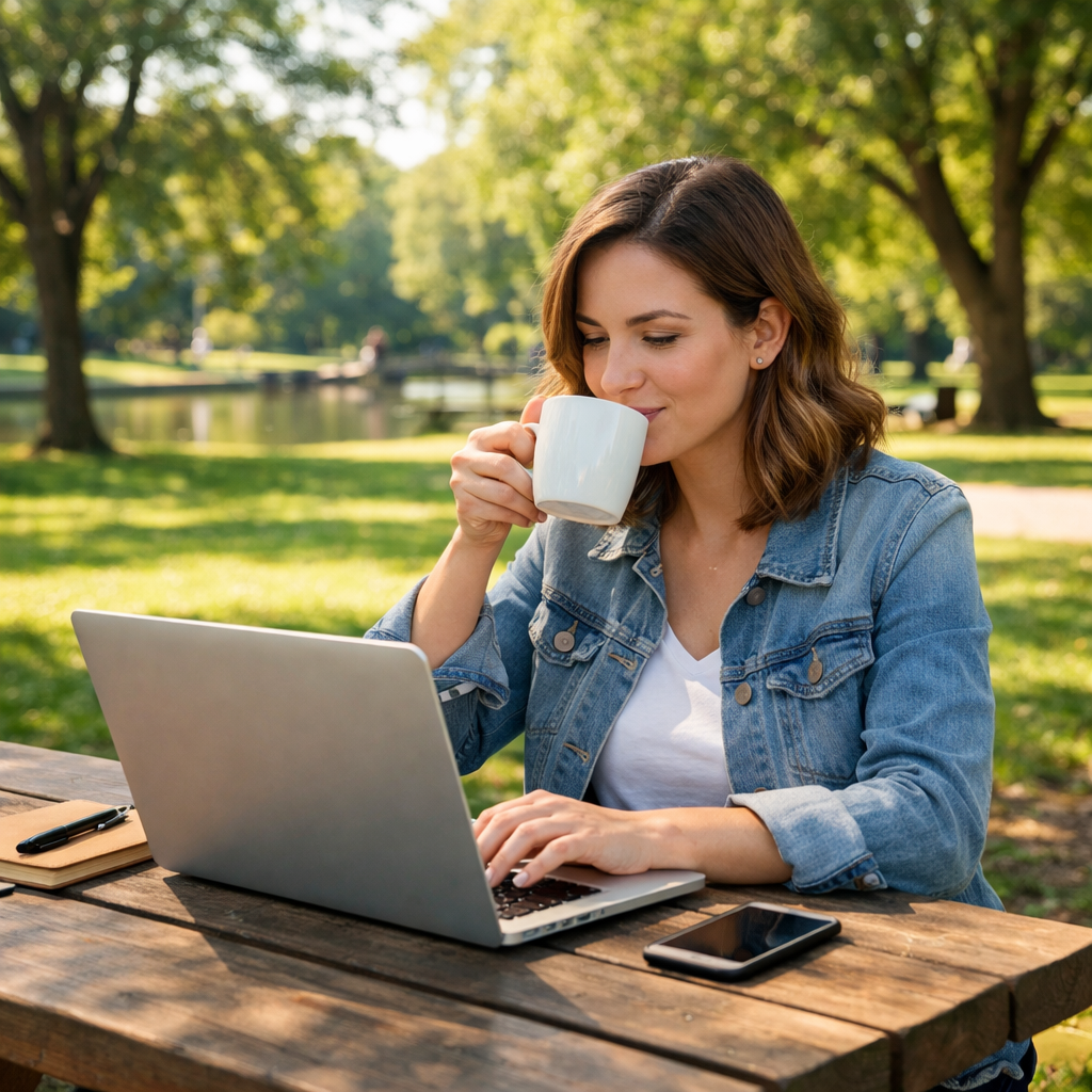 Woman at Park Working on Laptop with Coffee-1